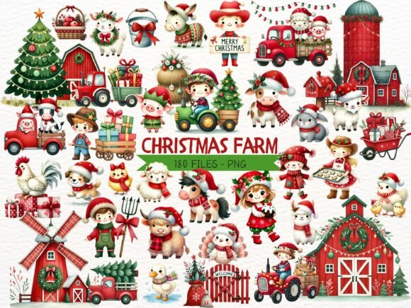 Cute Watercolor Christmas Farm Clipart for Illustrations