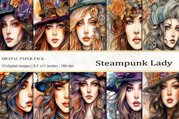 Steampunk Lady Digital Papers for Bold Backgrounds