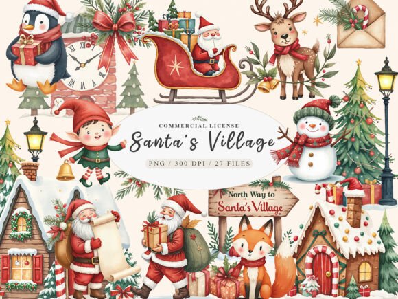 Sweet Christmas Mrs Santa Claus Village Illustrations
