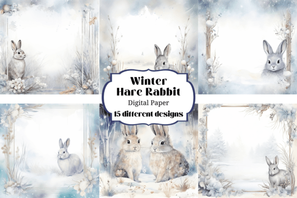 Winter Hare Rabbit Bunny Digital Paper for Backgrounds